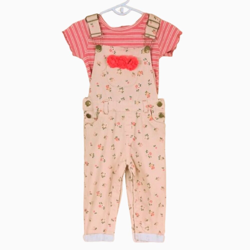 Little Lass Girl's Floral Overall Set 12m Peach Stripe Shirt w Metallic Weaving